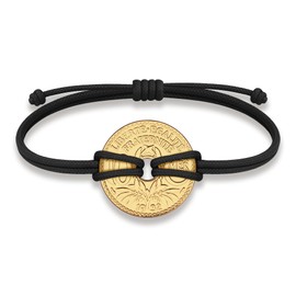 HOBBY OF KINGS Good Luck Coin Bracelet | Black String Thread Wristband | France Coin 10 Centimes | 18k Gold Plated Fortune Wealth & Protection | Size: M