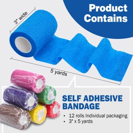 AZEN 12 Pack Self Adhesive Bandage Wrap, 3" X 5 Yards Elastic Cohesive Bandage Wrap, Vet Wrap, Ankle Tape, Tattoo Grip Tape Wrap, Color Athletic Tape
