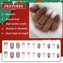 24Pcs Christmas False Nails Short, Almond French Press on Nails Red White Gradient Stick on Nails with Snowflake Design, Acrylic Full Cover Fake Nails Reusable for Women Girls DIY Nail Art Salon Home