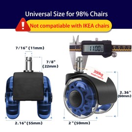 Hirate 2 inch Office Furniture Casters - Heavy Duty Casters for Smooth Rolling, Set of 5 Gaming Swivel Chair Casters, 7/16 inch Stem Dual Rubber Caster Wheels for All Floors, Blue