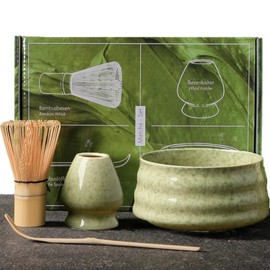 SHGarden Matcha Whisk Set Handcrafted Bamboo Japanese Matcha Tea Set House Hold Tea Making Tool Matcha Bamboo Whisk and Scoop Ceramic Matcha Bowl and Whisk Holder for Matcha Tea SH0036 (Matcha Color)