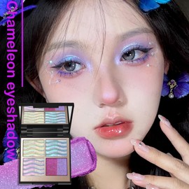 Chameleon Holographic Glitter Eyeshadow Palette, Duochrome Shimmer Color Shift Eye Shadow, High Pigmented Iridescent Inner Corner Eye Sparkle Highlighter, Creamy Blue Pink Plum Purple Eye Makeup