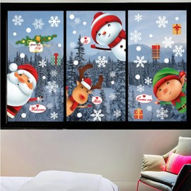 Christmas Window Clings Snowman Santa Reindeer Xmas Window Stickers Winter Snowflake Self Adhesive Window Decals Reusable Double Sided Printed Window Decorations for Glass Home School Office