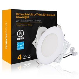 TORCHSTAR 4 Inch Integrated LED Recessed Ceiling Light with Junction Box, 9W Dimmable Downlight, 3000K Warm White, Airtight, UL & Energy Star Listed, Pack of 4