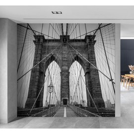 Black and White Brooklyn Bridge Wall Mural, Peel and Stick, NYC Theme Decor, Urban Wall Art