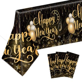 TOPJOWGA Happy New Year Tablecloths 2025, Pack of 3 Black Gold New Year's Eve Party Tablecloths, New Year's Eve Party Decoration, Happy New Year Party Decoration Tablecloth