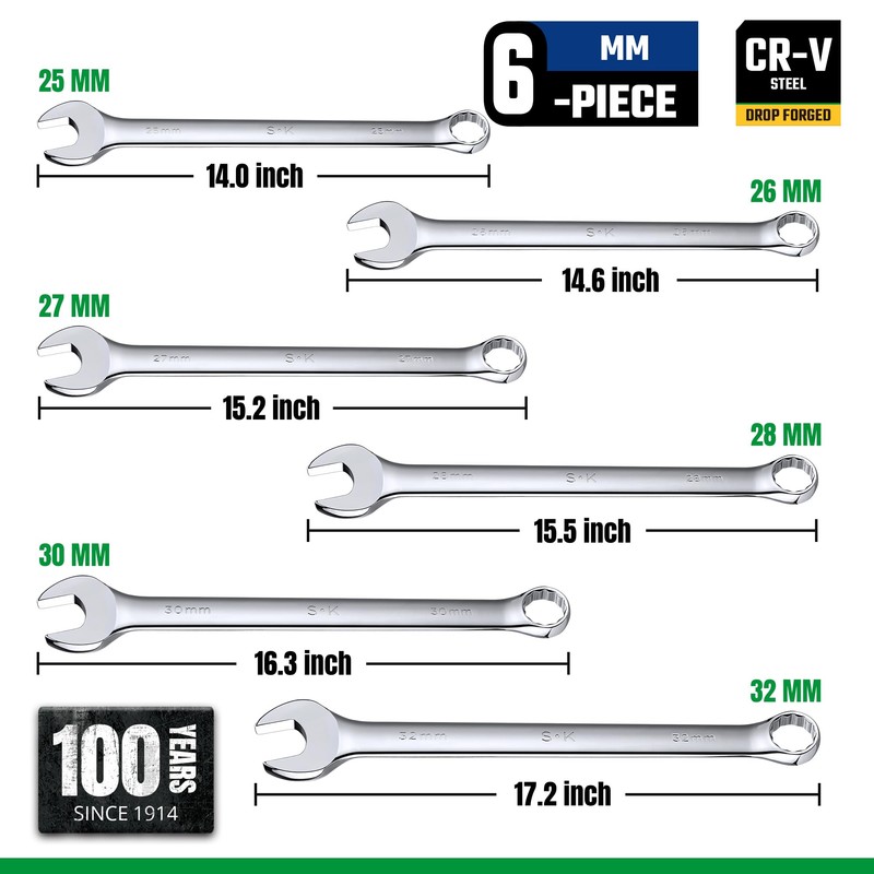 SK Long Pattern Combination Wrench Set, Metric 25 to 32mm,