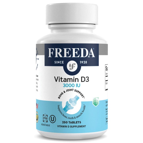 FREEDA Vitamin D3-3000 IU - Pure High Potency Kosher Supplement Tablets - Bone and Muscle Health, Calcium Absorption, Immune Support for Men and Women* - 250 Count