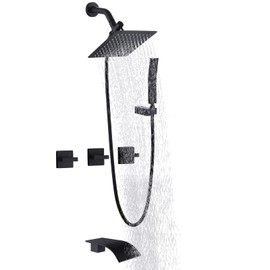 FSCEPIXI 3 Handles Shower Faucet Set with Waterfall Tub Spout,Rain Shower Head with Handheld Spray Combo Set,Dual 2 in 1 Shower System,Matte Black