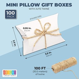Mini Paper Pillow Gift Box Set with Jute Twine (3.5 x 2.5 x 0.95 Inches, 100 Pack)