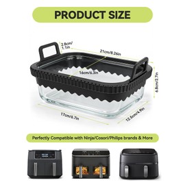 Air Fryer Glass Liner Reusable with Removable Silicone Ring, Air Fryer Accessories for Ninja Foodi DZ201/DZ401/DZ550, for COSORI/Chefman/Instant, Heat-Resistant, Dishwasher Safe & BPA-Free