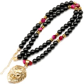 ElisaJewelryArt - Unique Lion Pendant Pink Tiger Eye Beaded Necklace Genuine Gemstone Power Stone Clasp Closure Animal Necklace Unisex Necklace (22, Pink Tiger Eye)