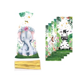 CSTYWC 50 Pcs Jungle Animal Party Favors Bags Safari Animal Plastic Goody Treat Bags Safari Jungle Cellophane Gift Bags with Ribbons for Favors Jungle Theme Party Supplies for Birthday Party