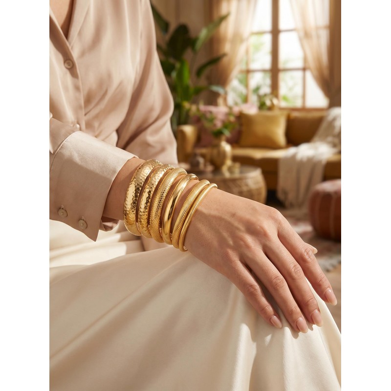 YEEZII Gold Bangle Bracelets for Women, 7Pcs 14K Gold Plated