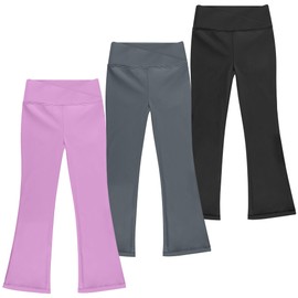 BIG ELEPHANT Flare Leggings for Girls, Crossover High Waisted Kids Bell Bottom Pants with Pockets for Yoga Dance