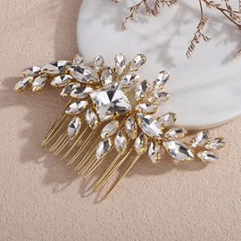 Teyglen Bridal Crystal Hair Comb with Square Rhinestone Headpiece Golden Full Rhinestone Wedding Hair Comb for Women Shiny Hair Accessories Jewelry(Golden)