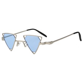 Triangle Butterfly Vintage Blue Lens Sunglasses Silver Metal Frame Men Women