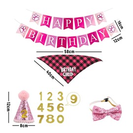 Dog Birthday Hat Bandana Set, 5 Pieces Dog Birthday Bandana Hat with 10 Bling Numbers and Happy Birthday Banner for Small, Medium and Large Dogs, Dog Birthday Decoration (Pink)