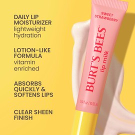 Burt’s Bees Stocking Stuffers, Lip Milk, Daily Lip Moisturizer, Sweet Strawberry, Vitamin Enriched Moisturizing Lip Balm with Almond Milk and Jojoba Oil, Hydrating for Softer Lips, 1 Tube, 0.34 Fl Oz