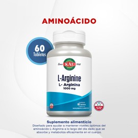 KAL L Arginina 1000 mg Potente Suplemento de Aminoácidos Esenciales - Soporte Diario Para Todo el Cuerpo Vitaminas Para Hombres y Mujeres - Liberación Sostenida, Forma Libre L-Arginina - 60 Tabletas