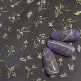 Floral Butterfly Nail Art Stickers, Green and White Designs, Delicate Orchid Chinese Characters Nails Decal