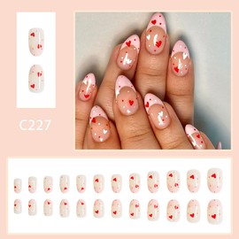 Valentine’s Day Press on Nails Medium Almond Fake Nails Pink French Tips Stiletto Glue on Nails with Heart Designs Full Cover Artificial Acrylic Nails Valentine False Nails for Women DIY Nails 24pcs