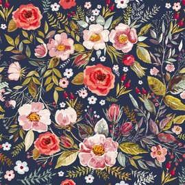 VEELIKE Navy Blue Floral Peel and Stick Wallpaper Vintage Dark Floral Wallpaper for Bathroom Bedroom 17.7''x354'' Prepasted Removable Botanical Wallpaper Renter Friendly Floral Mural for Living Room