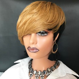 HOTKIS Short Human Hair Wigs for Black Women Short Blonde Bob Pixie Cut Wig Human Hair Short Wigs Human Hair Natural Straight Pixie Wig with Bangs Ombre Blond 1b/27# 8inch