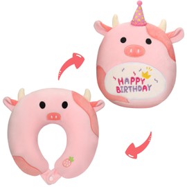 Children's Neck Pillow, 2 in 1, Neck Pillow, Malleable Neck Pillow, Strawberry Cow Plush Toy, Cuddly Toy, Cow Travel Pillow Children for Plane, Car, Nap, Reading, Birthday Plush Toy