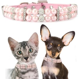Pearl Collar for Dogs, Fancy Crystal Bling Cat Pearl Collar Rhinestone Luxury Beaded Puppy Necklace Diamond Girl Kitten Jewelry for XS Small Medium Female Pet Dogs (Pink, S(Neck for 8-9"))