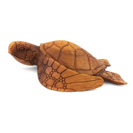 G6 Collection Wooden Hand Carved Sea Turtle Tortoise Statue Figurine Sculpture Handcrafted Handmade Home Decor Rustic Seaside Tropical Nautical Ocean Coastal (8" Long)