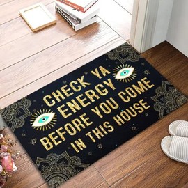 Evil Eyes Rubber Base Doormat, Check Ya Energy Before You Come in This House,Non Slip Backing Door Mat for Garden Kitchen 24x16 Inch