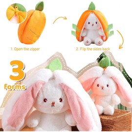Mukorolee Bunny Plush Doll Toy Pillow, Reversible Carrot Strawberry Bunny Stuffed Animal with Zipper, Cute Rabbit Decoration for Kids & Adult Birthday Party Gift (1pcs 7" Strawberry)