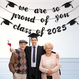 JUESMOS 2025 Graduation Banners Party Decorations Black Glitter We are So Proud of You Grad Banners Class of 2025 Graduation Decorations High School College University Grad Party Supplies