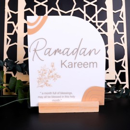 Wood Eid Ramadan Mubarak Sign - Laser Cut Ramadan Wood & Acrylic Sign - Ramadan Wooden Table Topper Centerpiece Decorations - Eid Decorations - Happy Eid Mubarak Party Signs Table Décor