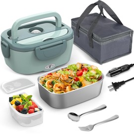 WisaKey Electric Lunch Box Food Heater, 60W-80W Heated Lunch Box for Adults, 12V 24V 110V Portable Food Warmer LunchBox for Car Truck Work with Removable 304 Stainless Steel Container, Carry Bag