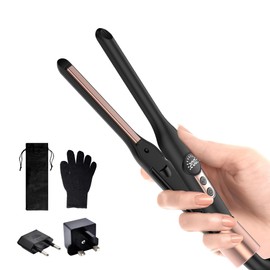 Mini Flat Iron Hair Straightener 1/3 Inch Pencil Flat Iron for Women Portable Travel Straightener and Curler 2 in 1 for Short Hair Beard and Pixie Cut with Adjustable Temp (Gold with EU/UK Plug)