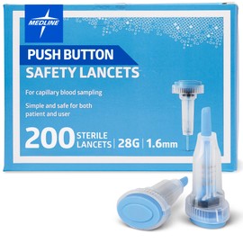 Medline Sterile Safety Lancets, Push-Button Activation, Blood Glucose Testing, Controlled Penetration, 28G x 1.6 mm, 200 Count