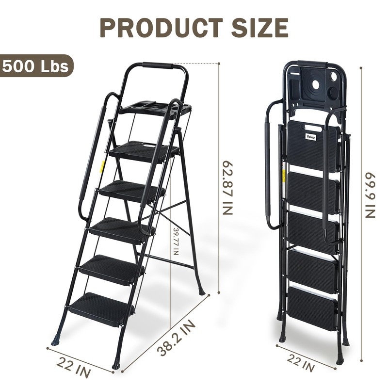 Valeo 5 Step Ladder with Handrails,500 Lbs Capacity,Folding Step Stool