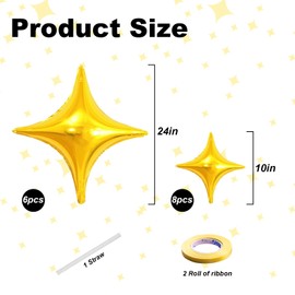 14Pcs Gold Star Balloons, 24 Inch & 10 Inch Four Angle Star Foil Balloons for Baby Shower Graduation Anniversary Wedding Decorations