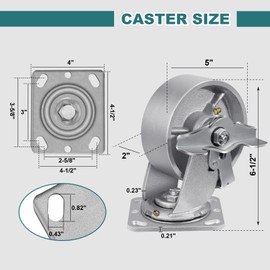 ASOMWLS 5" X 2" Caster Wheels, Heavy Duty Industrial Casters, Steel Casters 4000 LBS Capacity with Roller Bearing, Cast Iron Wheels, Metal Casters(4 Brake)