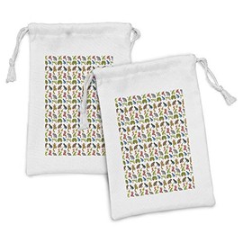 Lunarable Frog Fabric Pouch Set of 2, Nature Theme Illustration of Colorful Tropical Pond Animal Varieties Art, Small Drawstring Bag for Toiletries Masks and Favors, 9" x 6", White and Multicolor