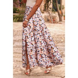 Happy Sailed Women's Skirts Summer Maxi Skirt Floral Printed Elastic High Waist Split A Line Long Skirts with Pockets Black Medium
