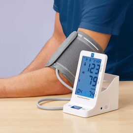 Medline Elite Bedside Talking Automatic Digital Blood Pressure Monitor with Universal Upper Arm Cuff (fits arms 22-42 cm), AC Adapter and Batteries, Alarm and Extra Large Backlit Display