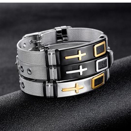 Fahonie Stainless Steel Adjustable Cross Bracelet for Men Stylish Mesh Chain Wrist Band for Men Cool Hip Hop Jewelry Ideal Gift for Male Coworkers