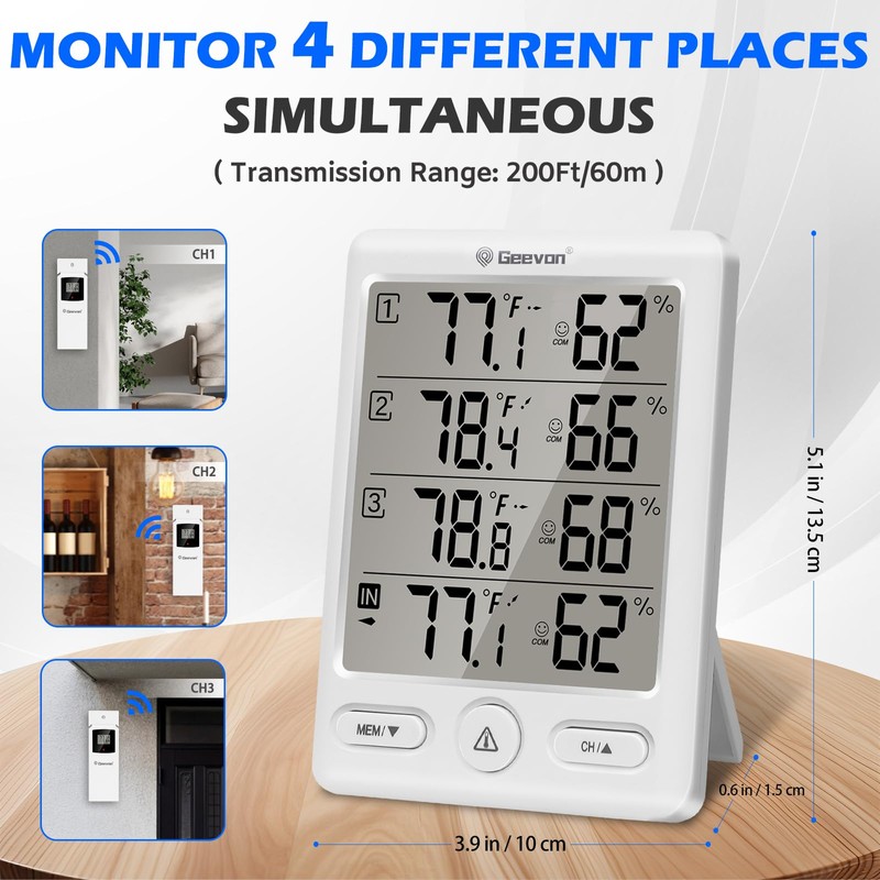 Geevon Indoor Outdoor Thermometer Wireless with 3 Remote Sensors, Temperature