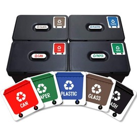 6 Stickers for Recycling Bins, Adhesive Vinyl Labels for Paper, Plastic, Cans, Waste, Mixed Recycling, Glass, Easy to Apply - Size: XS
