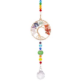 Sahoottie Hanging Crystals Sun Catcher for Windows Gold Round Bent Root Tree of Life Sun Catcher Wind Chime for Garden Bedroom Crystal Decor