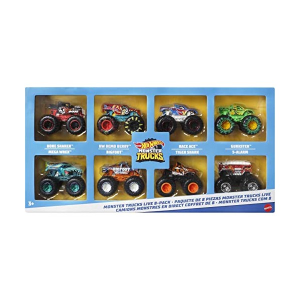 Hot Wheels Monster Trucks Live 8-Pack, Multipack of 1:64 Scale Toy Monster Trucks, Characters from The Live Show, Smashing & Crashing Trucks, Gift for Kids 3 Years Old & Up