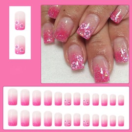 24 Pcs Press on Nails Medium Square - ZIFANHU Pink Ombre Glitter Fake Nails Press ons Nail Art Tips Full Cover Acrylic Fall Winter False Nails with Cute Peach Blossom Design Glue on Nails for Women